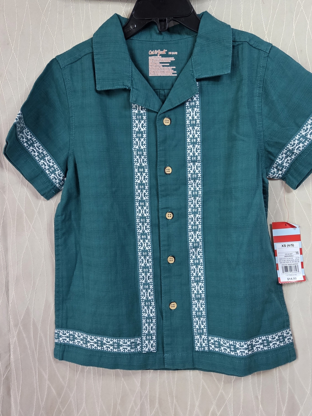 Cat & Jack Teal Short-Sleeve Button-Down Shirt with Embroidered Trim
